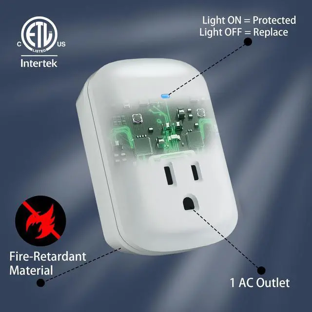 Alt view image 4 of 6 - Surge Protector Wall Tap Single Outlet Extender 1 Pack, 3 Prong Grounded Plug Power Strip Adapter with Indicator Light, 15A/125V Low Profile & Space-Saving for Home & Office Appliances-ETL-White
