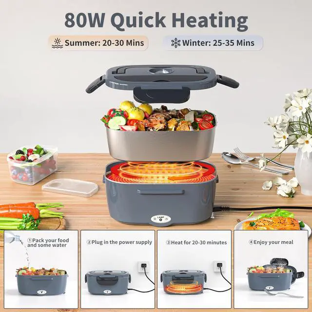 Alt view image 4 of 7 - Electric Lunch Box for Adults, Heated Lunch Box Food Warmer, 80W 1.5L Portable Heating Lunchbox for Men/Work/Car/Truck, 12V 24V 110V Lonchera Eléctrica Portátil Christmas White Elephant Gifts