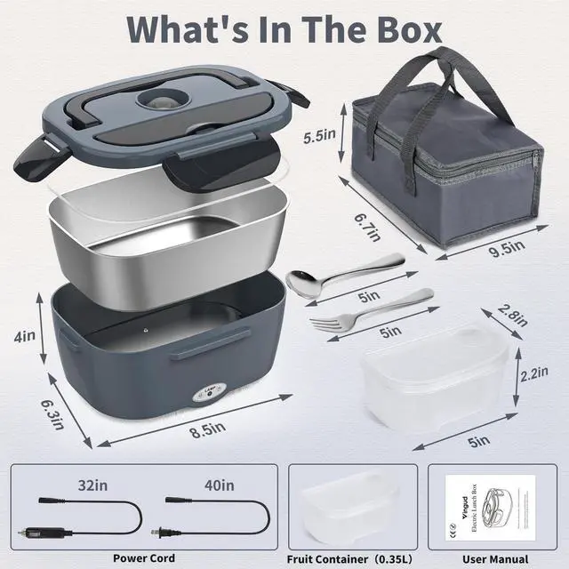 Alt view image 6 of 7 - Electric Lunch Box for Adults, Heated Lunch Box Food Warmer, 80W 1.5L Portable Heating Lunchbox for Men/Work/Car/Truck, 12V 24V 110V Lonchera Eléctrica Portátil Christmas White Elephant Gifts