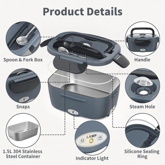Alt view image 7 of 7 - Electric Lunch Box for Adults, Heated Lunch Box Food Warmer, 80W 1.5L Portable Heating Lunchbox for Men/Work/Car/Truck, 12V 24V 110V Lonchera Eléctrica Portátil Christmas White Elephant Gifts