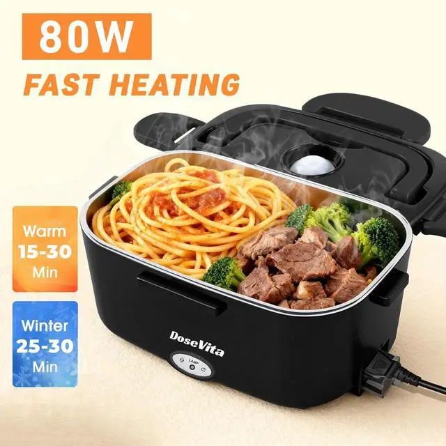 Alt view image 2 of 7 - Electric Heated Lunch Box for Adults, 80W Fast Heating, 1.5L 304 Stainless Steel, 12V/24V/110V Portable Lunch Box Warmer for Car, Truck, Work, Office, Lonchera Electrica Portatil (Black)