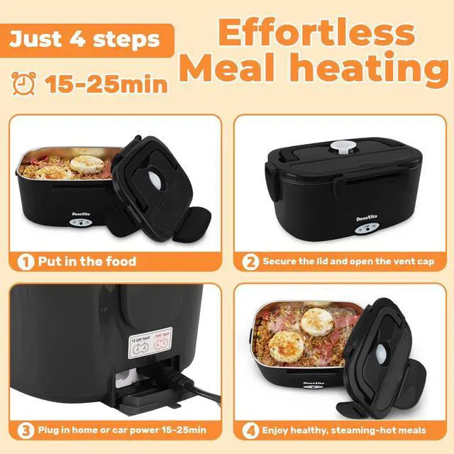 Alt view image 3 of 7 - Electric Heated Lunch Box for Adults, 80W Fast Heating, 1.5L 304 Stainless Steel, 12V/24V/110V Portable Lunch Box Warmer for Car, Truck, Work, Office, Lonchera Electrica Portatil (Black)