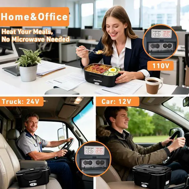 Alt view image 4 of 7 - Electric Heated Lunch Box for Adults, 80W Fast Heating, 1.5L 304 Stainless Steel, 12V/24V/110V Portable Lunch Box Warmer for Car, Truck, Work, Office, Lonchera Electrica Portatil (Black)