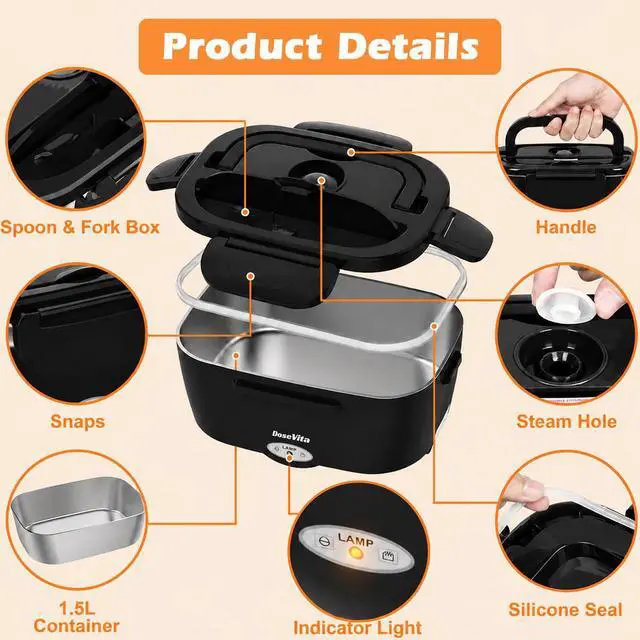 Alt view image 6 of 7 - Electric Heated Lunch Box for Adults, 80W Fast Heating, 1.5L 304 Stainless Steel, 12V/24V/110V Portable Lunch Box Warmer for Car, Truck, Work, Office, Lonchera Electrica Portatil (Black)