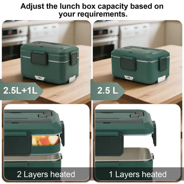 Alt view image 4 of 7 - Electric Lunch Box for Adults, 100W 3.5L 2-Layer Portable Food Warmer for Men, Dual Mode 2.5L + 1L Large Heated Lunch Box for Car/Truck/Work, Lonchera Eléctrica Portátil para Calentar Almuerzo