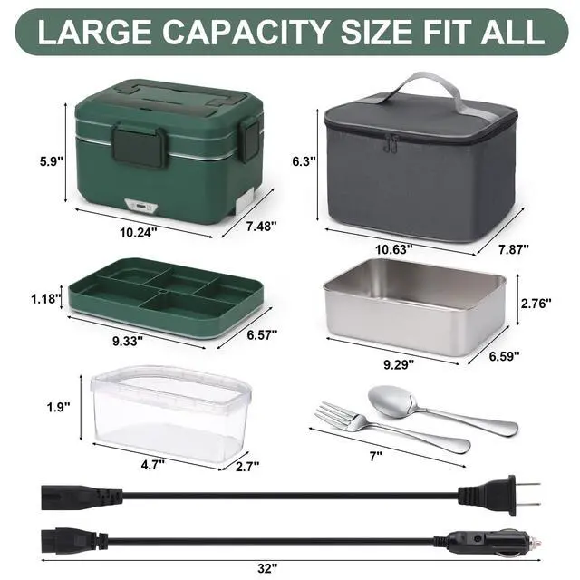 Alt view image 7 of 7 - Electric Lunch Box for Adults, 100W 3.5L 2-Layer Portable Food Warmer for Men, Dual Mode 2.5L + 1L Large Heated Lunch Box for Car/Truck/Work, Lonchera Eléctrica Portátil para Calentar Almuerzo