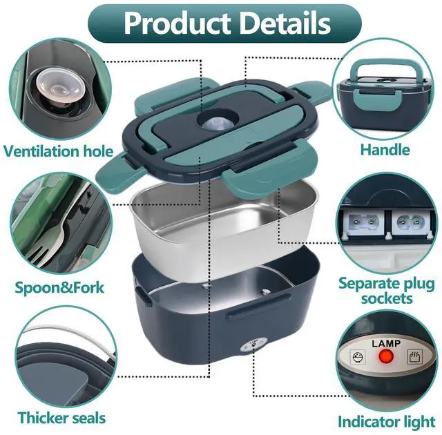 Alt view image 5 of 7 - Electric Lunch Box 80W Heated Lunch Box for Adults 12/24/110V Portable Food Warmer LunchBox with 304 Stainless Steel Container for Office/Car/Truck(1.5L)