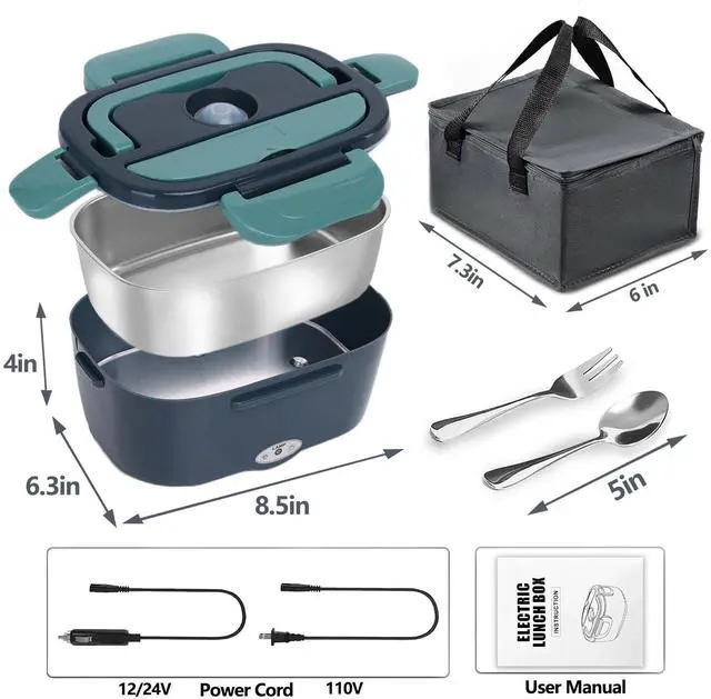 Alt view image 2 of 7 - Electric Lunch Box 80W Heated Lunch Box for Adults 12/24/110V Portable Food Warmer LunchBox with 304 Stainless Steel Container for Office/Car/Truck(1.5L)