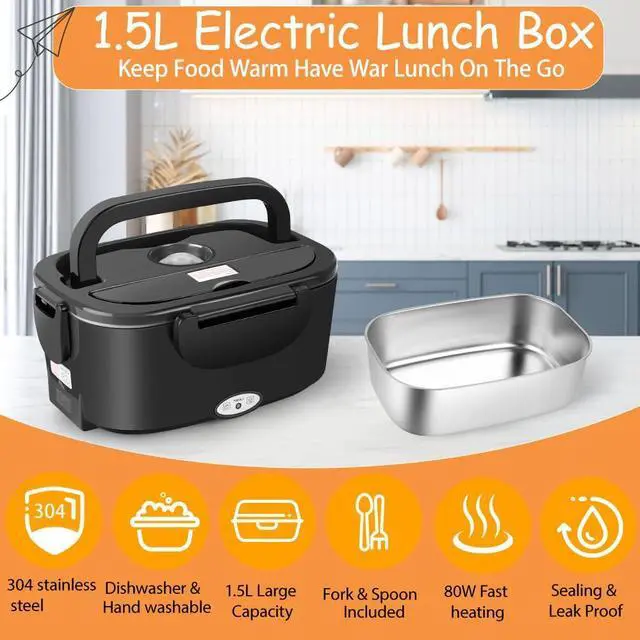 Alt view image 3 of 7 - Electric Lunch Box Food Warmer Heater - 1.5L 304 Stainless Steel, 80W Heated Lunch Box for Adults, Portable Fast Heating Lunchbox Food Heater for Car/Truck/Office Lonchera Eléctrica Portátil