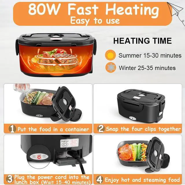 Alt view image 4 of 7 - Electric Lunch Box Food Warmer Heater - 1.5L 304 Stainless Steel, 80W Heated Lunch Box for Adults, Portable Fast Heating Lunchbox Food Heater for Car/Truck/Office Lonchera Eléctrica Portátil