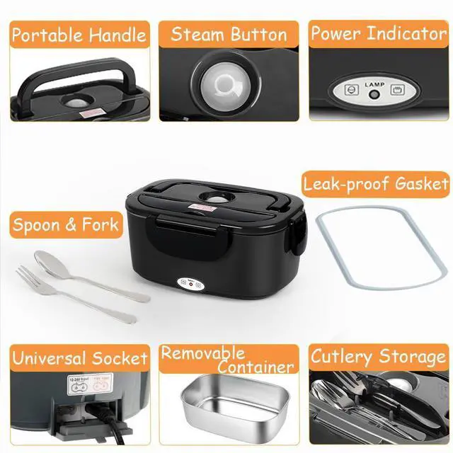 Alt view image 5 of 7 - Electric Lunch Box Food Warmer Heater - 1.5L 304 Stainless Steel, 80W Heated Lunch Box for Adults, Portable Fast Heating Lunchbox Food Heater for Car/Truck/Office Lonchera Eléctrica Portátil