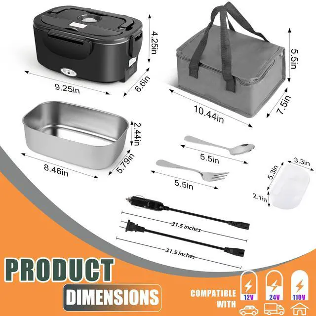 Alt view image 7 of 7 - Electric Lunch Box Food Warmer Heater - 1.5L 304 Stainless Steel, 80W Heated Lunch Box for Adults, Portable Fast Heating Lunchbox Food Heater for Car/Truck/Office Lonchera Eléctrica Portátil