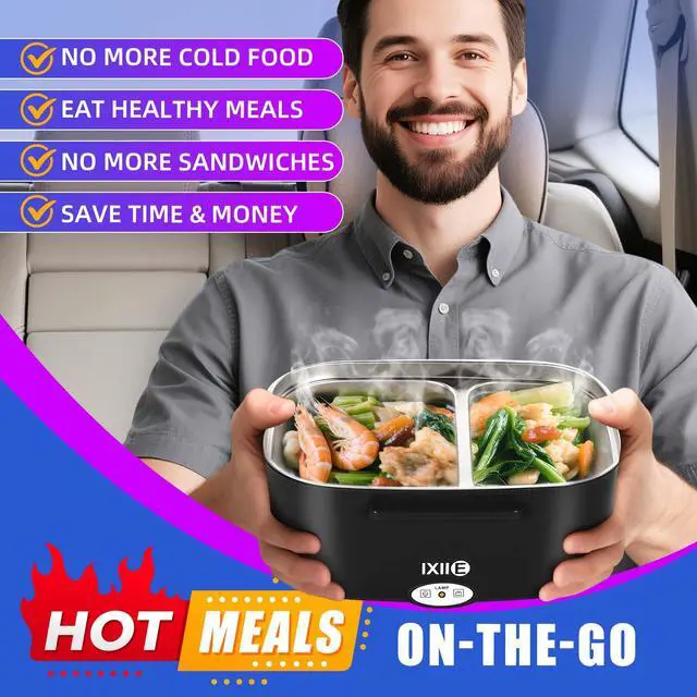 Alt view image 2 of 7 - Electric Lunch Box 8OW for Adults, 1.5L Lunch Warmer with 2 Compartments for Truck/Car/Work, Fast Portable Heated Lunch Box Food Warmer Heater 12/24/110V,Removable Stainless Steel Container