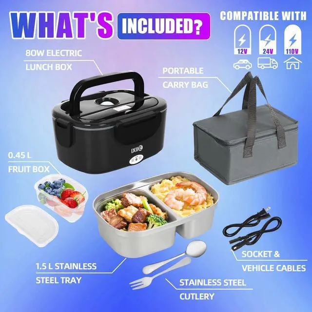 Alt view image 5 of 7 - Electric Lunch Box 8OW for Adults, 1.5L Lunch Warmer with 2 Compartments for Truck/Car/Work, Fast Portable Heated Lunch Box Food Warmer Heater 12/24/110V,Removable Stainless Steel Container
