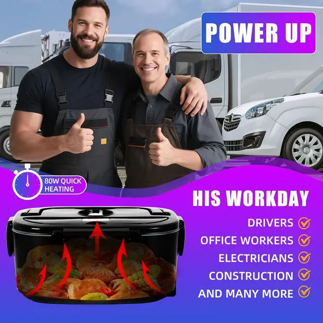 Alt view image 3 of 7 - Electric Lunch Box 8OW for Adults, 1.5L Lunch Warmer with 2 Compartments for Truck/Car/Work, Fast Portable Heated Lunch Box Food Warmer Heater 12/24/110V,Removable Stainless Steel Container
