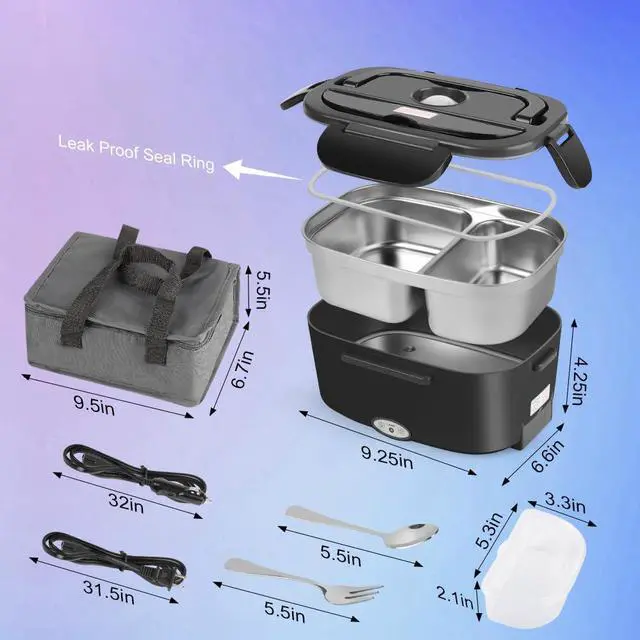 Alt view image 7 of 7 - Electric Lunch Box 8OW for Adults, 1.5L Lunch Warmer with 2 Compartments for Truck/Car/Work, Fast Portable Heated Lunch Box Food Warmer Heater 12/24/110V,Removable Stainless Steel Container