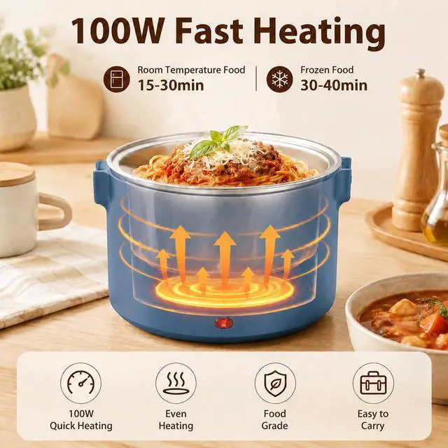 Alt view image 2 of 6 - Electric Lunch Box for Adults, 100W Heated Lunch Box 1.5L/51Oz 304 Stainless Steel Portable Food Warmer,12/24/110V Lonchera Eléctrica Portátil for Car, Truck, Work, Travel (Blue)