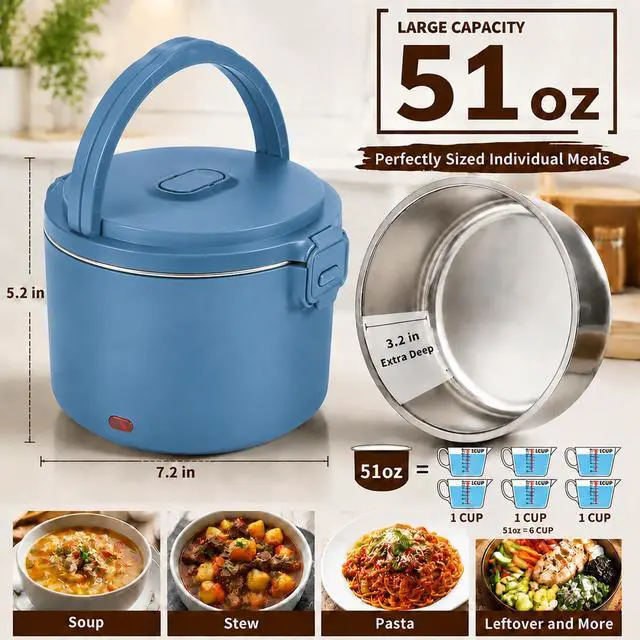 Alt view image 3 of 6 - Electric Lunch Box for Adults, 100W Heated Lunch Box 1.5L/51Oz 304 Stainless Steel Portable Food Warmer,12/24/110V Lonchera Eléctrica Portátil for Car, Truck, Work, Travel (Blue)