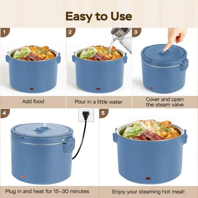 Alt view image 4 of 6 - Electric Lunch Box for Adults, 100W Heated Lunch Box 1.5L/51Oz 304 Stainless Steel Portable Food Warmer,12/24/110V Lonchera Eléctrica Portátil for Car, Truck, Work, Travel (Blue)