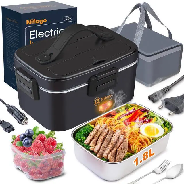 Main image of Electric Lunch Box for Adults 80W Portable Heated Lunch Box for Men 3 in 1 Portable Food Warmer 110V/12V/24V with 1,8L Removable Stainless Steel Container & Bag(Black)