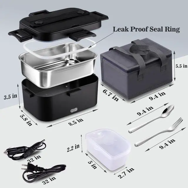 Alt view image 3 of 7 - Electric Lunch Box for Adults 80W Portable Heated Lunch Box for Men 3 in 1 Portable Food Warmer 110V/12V/24V with 1,8L Removable Stainless Steel Container & Bag(Black)