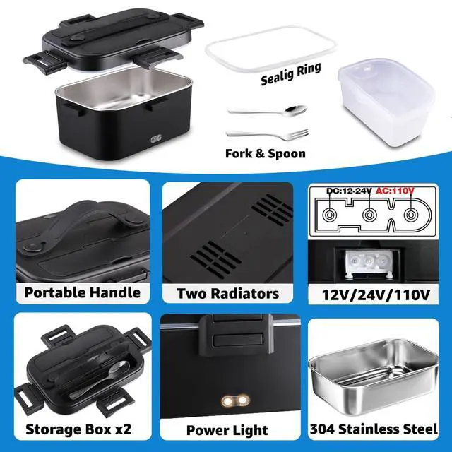 Alt view image 6 of 7 - Electric Lunch Box for Adults 80W Portable Heated Lunch Box for Men 3 in 1 Portable Food Warmer 110V/12V/24V with 1,8L Removable Stainless Steel Container & Bag(Black)