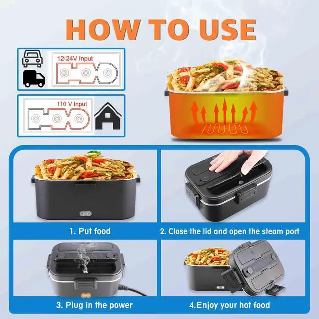 Alt view image 7 of 7 - Electric Lunch Box for Adults 80W Portable Heated Lunch Box for Men 3 in 1 Portable Food Warmer 110V/12V/24V with 1,8L Removable Stainless Steel Container & Bag(Black)