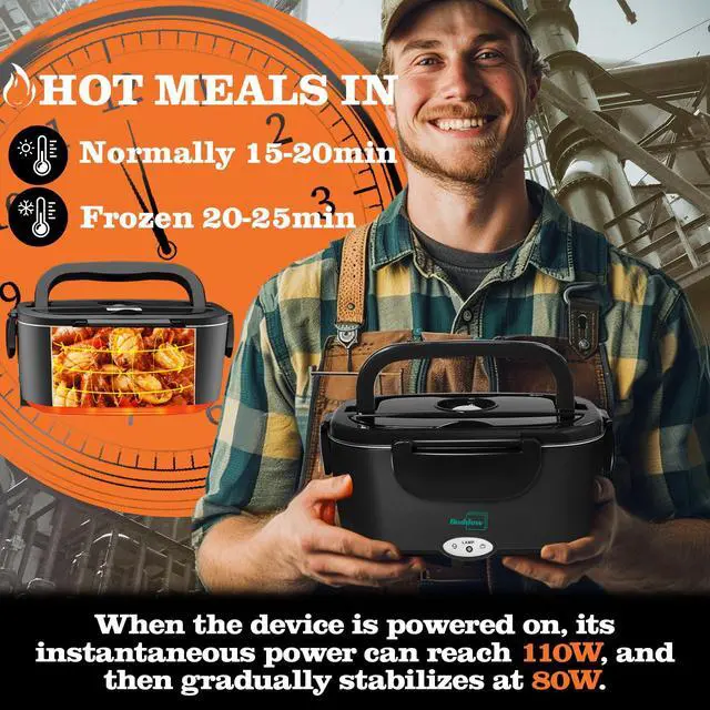 Alt view image 2 of 7 - Electric Heated Lunch Box for Adults - 80W Fast Heating, 1.5L Food-Grade Stainless Steel, 12V/24V/110V Portable Food Warmer for Work Travel Car, Lonchera Electrica Portatil