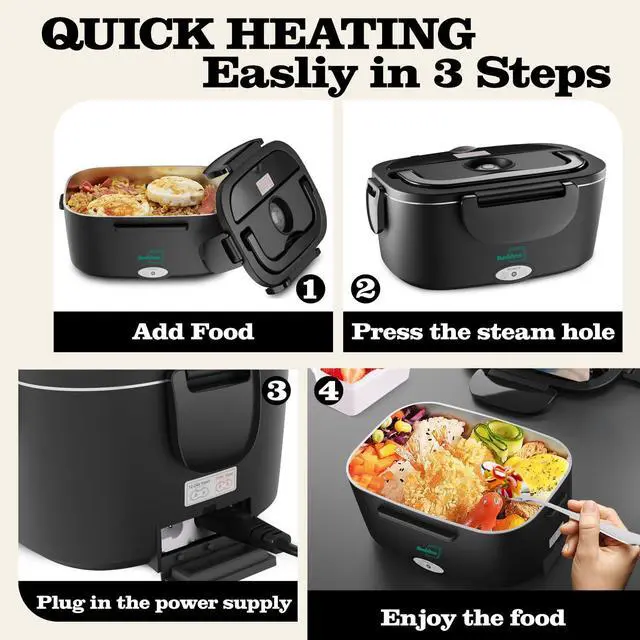 Alt view image 4 of 7 - Electric Heated Lunch Box for Adults - 80W Fast Heating, 1.5L Food-Grade Stainless Steel, 12V/24V/110V Portable Food Warmer for Work Travel Car, Lonchera Electrica Portatil