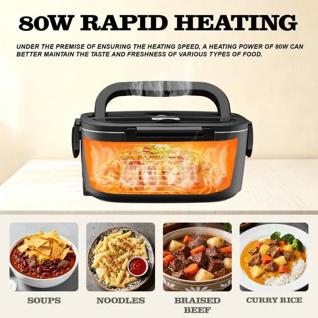 Alt view image 5 of 7 - Electric Heated Lunch Box for Adults - 80W Fast Heating, 1.5L Food-Grade Stainless Steel, 12V/24V/110V Portable Food Warmer for Work Travel Car, Lonchera Electrica Portatil