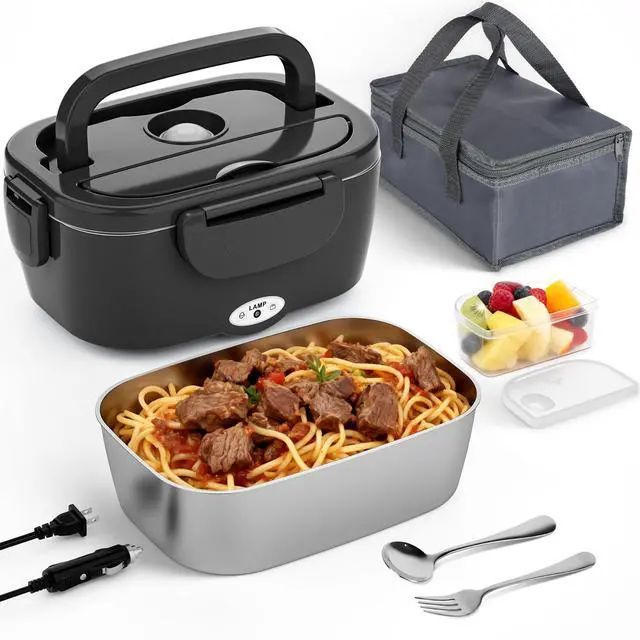 Main image of Electric Lunch Box for Adults, 80W Rapid Heated Lunch Box 12V/24V/110V for Car/Truck/Office/Travel with 1.5L Stainless Steel Container Fork & Spoon & Insulated Bag