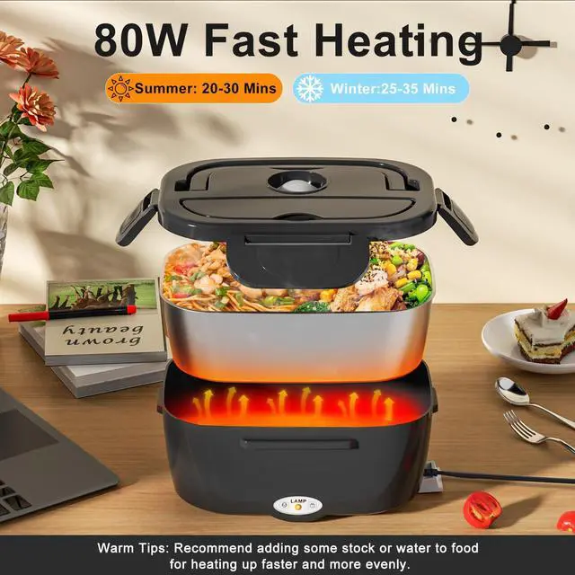 Alt view image 4 of 7 - Electric Lunch Box for Adults, 80W Rapid Heated Lunch Box 12V/24V/110V for Car/Truck/Office/Travel with 1.5L Stainless Steel Container Fork & Spoon & Insulated Bag