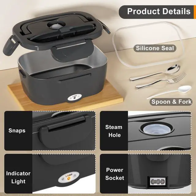 Alt view image 7 of 7 - Electric Lunch Box for Adults, 80W Rapid Heated Lunch Box 12V/24V/110V for Car/Truck/Office/Travel with 1.5L Stainless Steel Container Fork & Spoon & Insulated Bag
