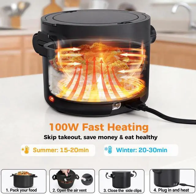 Alt view image 2 of 7 - 33oz Electric Lunch Box, 100W Portable Food Warmer Heater, 12V/24V/110V 3-in-1 Lunch Warmer Portable for Work/Office/Car/Travel, Warming Soup & Meal, Spill-Free, Men & Women's Gifts