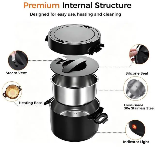 Alt view image 5 of 7 - 33oz Electric Lunch Box, 100W Portable Food Warmer Heater, 12V/24V/110V 3-in-1 Lunch Warmer Portable for Work/Office/Car/Travel, Warming Soup & Meal, Spill-Free, Men & Women's Gifts