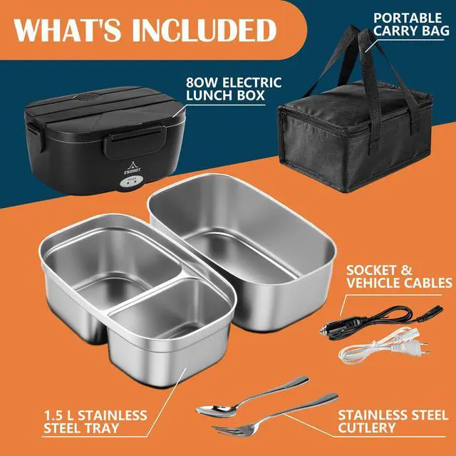 Alt view image 6 of 6 - Electric Lunch Box 80W Heated Lunchbox for Adults, 1.5L 12/24/110V Food Warmer Lunch Box for Car/Truck/Office (2 * 1.5L)
