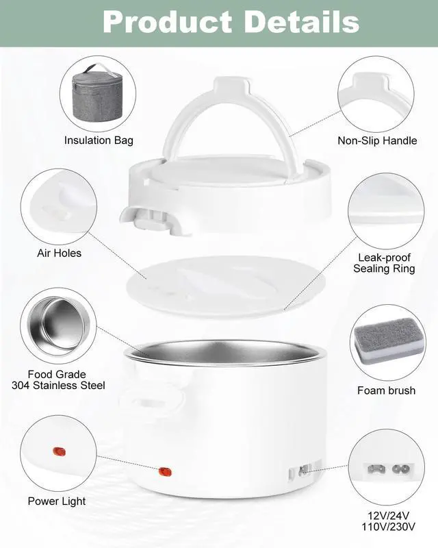 Alt view image 7 of 7 - Electric Lunch Box for Adults, 33.8oz Portable Food Heater with Carry Bag | 12V/24V/110V Leakproof Lunch Warmer | Dishwasher-Safe for Office, Car, Travel | Gifts for Men Women (White)