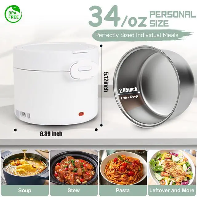 Alt view image 3 of 7 - Electric Lunch Box for Adults, 33.8oz Portable Food Heater with Carry Bag | 12V/24V/110V Leakproof Lunch Warmer | Dishwasher-Safe for Office, Car, Travel | Gifts for Men Women (White)