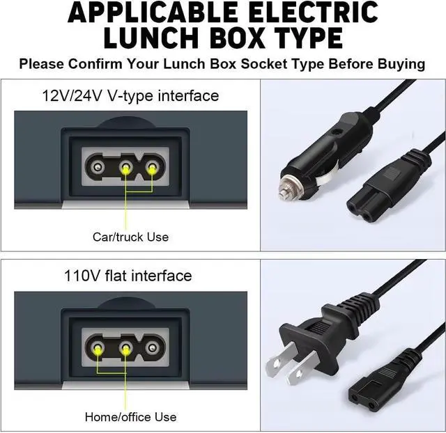 Alt view image 2 of 7 - Type B for Electric Lunch Box Only for 3 Outlets Food Warmer,24V/12V V Angle (for Truck/Car), 110V for (Home/Ofiice Outlet), 31-inch Replacement Power Cable for Heated Lunchbox Wire Use
