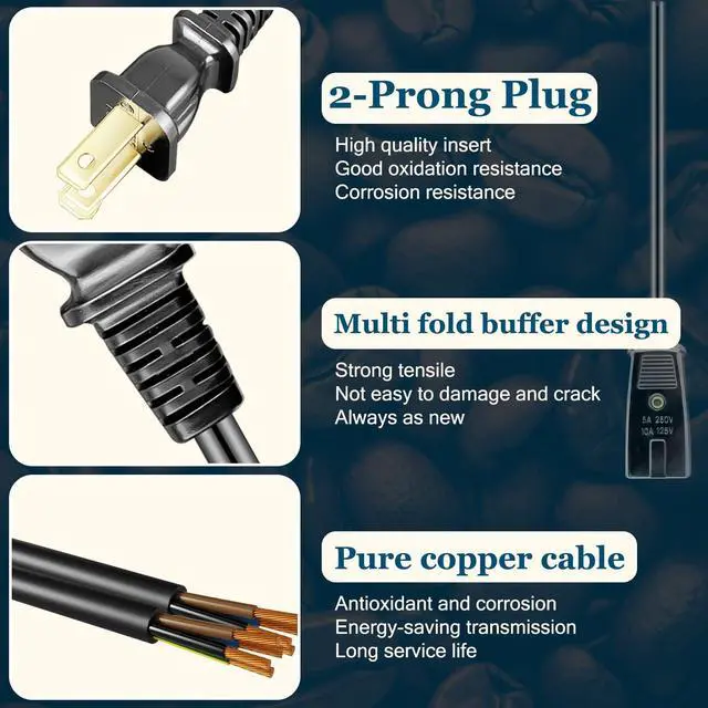 Alt view image 4 of 7 - Replacement Power Cord Percolator Power Cord 36" for West Bend Coffee Urn 58036 58002, 2pin Cord Black 3ft (1-Pack)