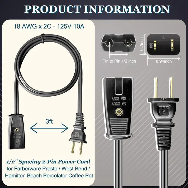 Alt view image 3 of 7 - Replacement Power Cord Percolator Power Cord 36" for West Bend Coffee Urn 58036 58002, 2pin Cord Black 3ft (1-Pack)