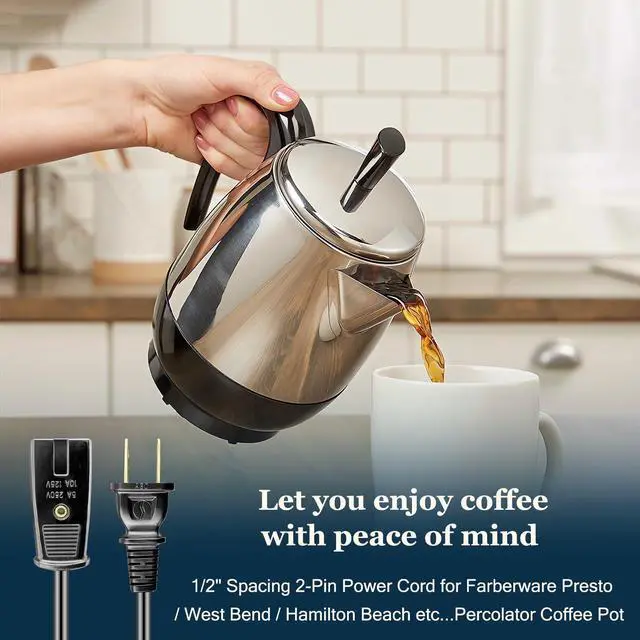 Alt view image 6 of 7 - Replacement Power Cord Percolator Power Cord 36" for West Bend Coffee Urn 58036 58002, 2pin Cord Black 3ft (1-Pack)