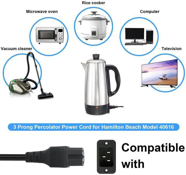 Alt view image 3 of 6 - 3 Prong Percolator Power Cord for Hamilton Beach Model 40616 Coffee Pot Replacement Parts for Farberware Computers Monitors 3 ft. Long 16 AWG Heavy Duty
