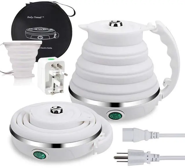Main image of Upgrade Travel Kettle, ShineMe Food Grade Silicone Dual Voltage 110-220V Ultrathin Portable Electric Water Kettle with Cup, Universal Adaptor and Detachable Power Cord, 555ML (White)