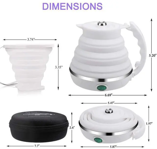 Alt view image 2 of 7 - Upgrade Travel Kettle, ShineMe Food Grade Silicone Dual Voltage 110-220V Ultrathin Portable Electric Water Kettle with Cup, Universal Adaptor and Detachable Power Cord, 555ML (White)