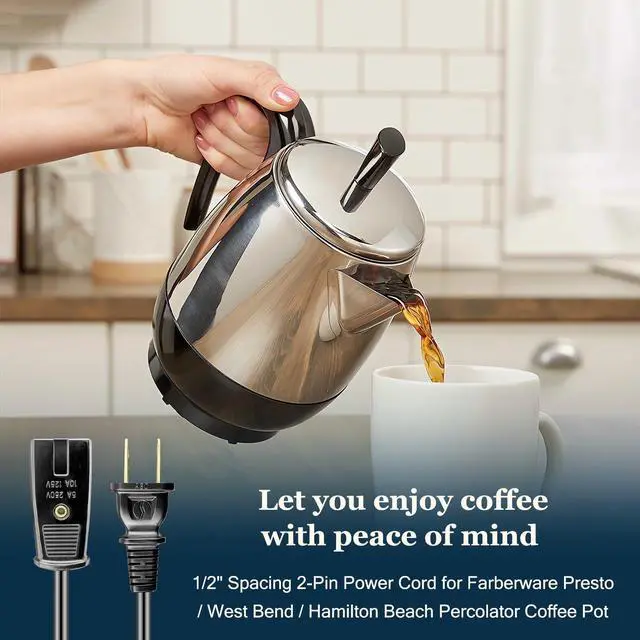 Alt view image 6 of 7 - 3ft Long 2 Pin 1/2 Inch Spacing Power Cord for Presto 2822 02822 02811 0281102 Percolator Electric Cord - Also for Many Rice Cookers and Other Small Appliances