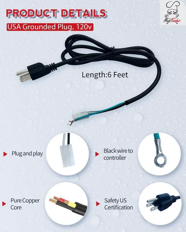 Alt view image 5 of 7 - 8 ft Replacement AC Power Cord for Pellet Grill & Smoker | fits Traeger, Pit Boss, Camp Chef, Z-Grills | 3 Conductor, Ring Terminal on Ground, Molex 2 pin Connector | ELE203 / KIT0089 / 70110