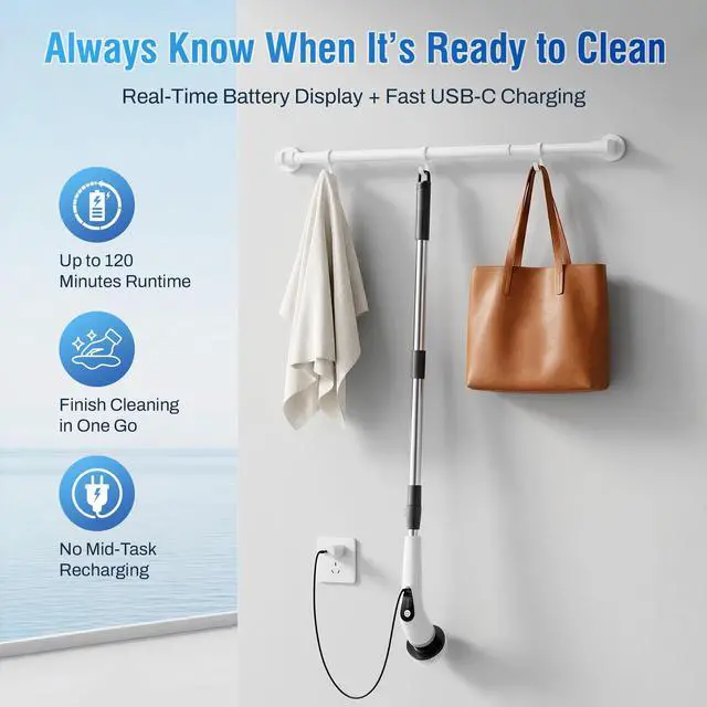 Alt view image 4 of 7 - Electric Spin Scrubber, Cordless Cleaning Brush with 8 Replaceable Heads, Five-Speed Power Scrubber with Adjustable Handle for Bathroom, Tub, Floor, Tile & Car Clean Without Bending