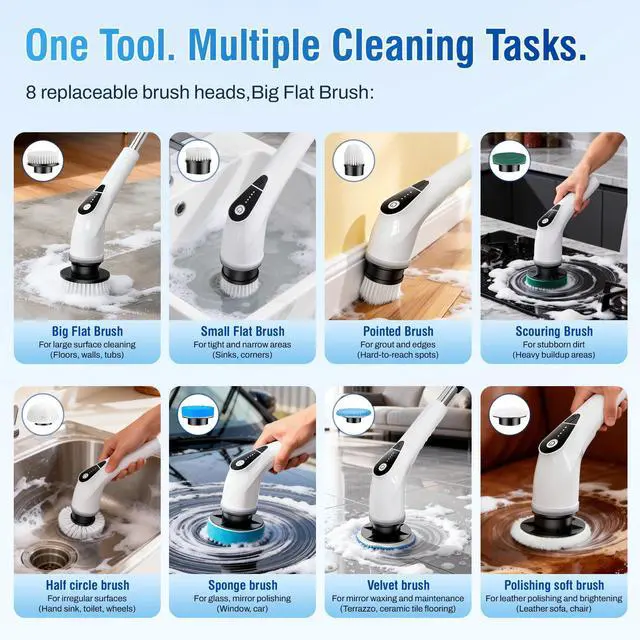 Alt view image 6 of 7 - Electric Spin Scrubber, Cordless Cleaning Brush with 8 Replaceable Heads, Five-Speed Power Scrubber with Adjustable Handle for Bathroom, Tub, Floor, Tile & Car Clean Without Bending