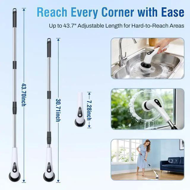 Alt view image 7 of 7 - Electric Spin Scrubber, Cordless Cleaning Brush with 8 Replaceable Heads, Five-Speed Power Scrubber with Adjustable Handle for Bathroom, Tub, Floor, Tile & Car Clean Without Bending